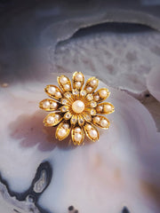15k Yellow Gold Antique Diamond & Pearl Flower Brooch | Indulgems