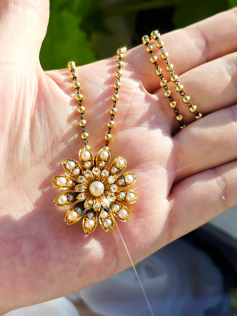 15k Yellow Gold Antique Diamond & Pearl Flower Brooch | Indulgems