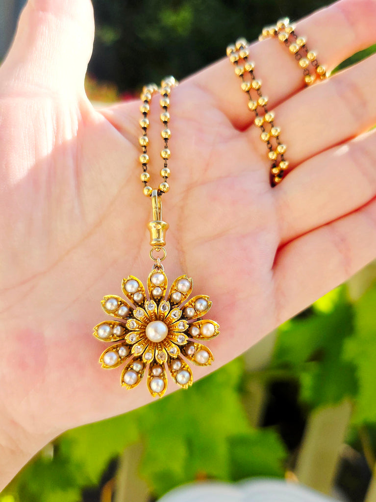 15k Yellow Gold Antique Diamond & Pearl Flower Brooch | Indulgems