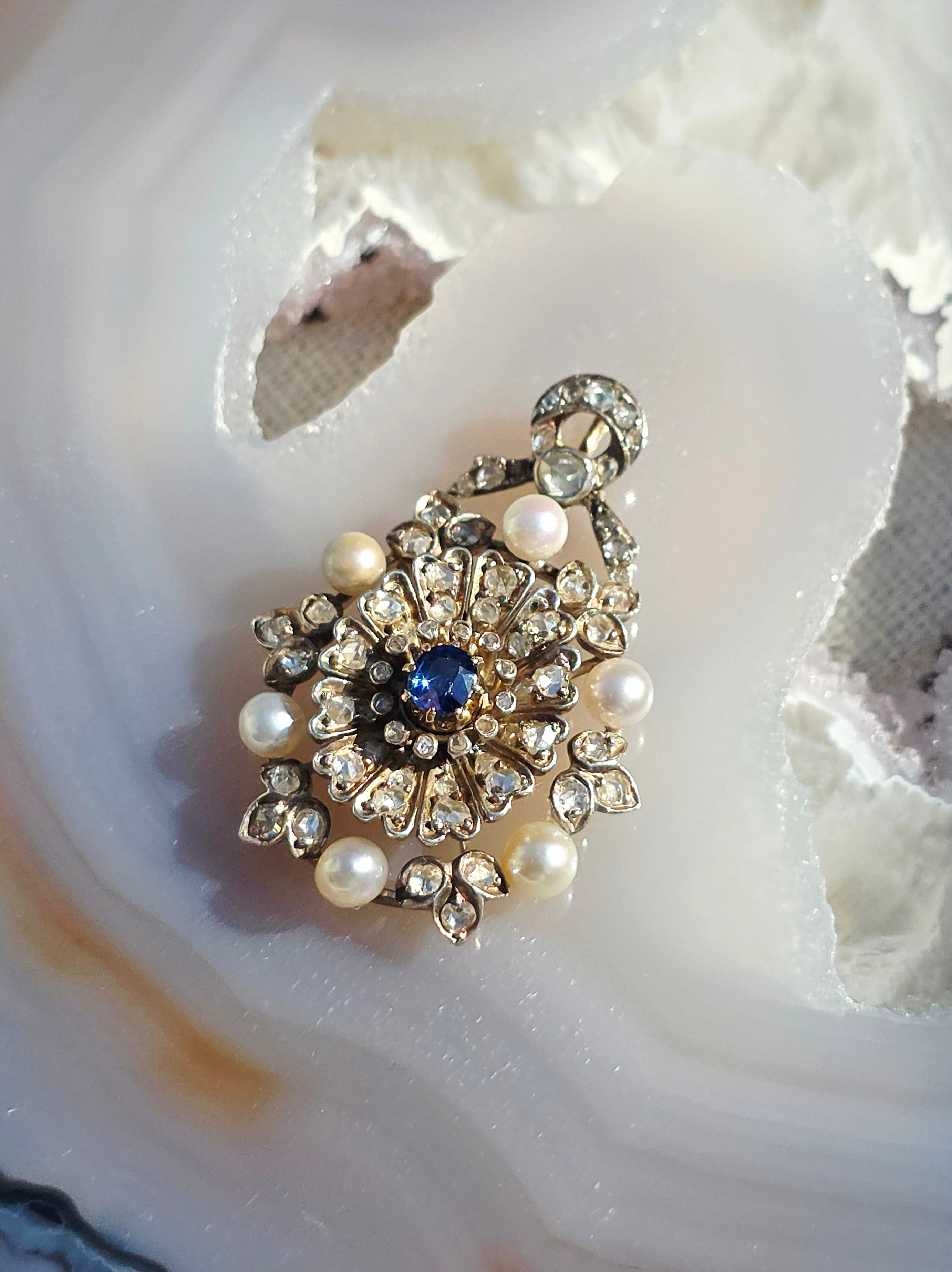 14k Gold & Silver Antique Rose-cut Diamonds and Sapphire Pendant | Indulgems