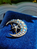 14k Gold and Silver Vintage Rainbow Moonstone, Sapphire & Diamond Statement Crescent Star Brooch | Indulgems