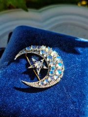 14k Gold and Silver Vintage Rainbow Moonstone, Sapphire & Diamond Statement Crescent Star Brooch | Indulgems