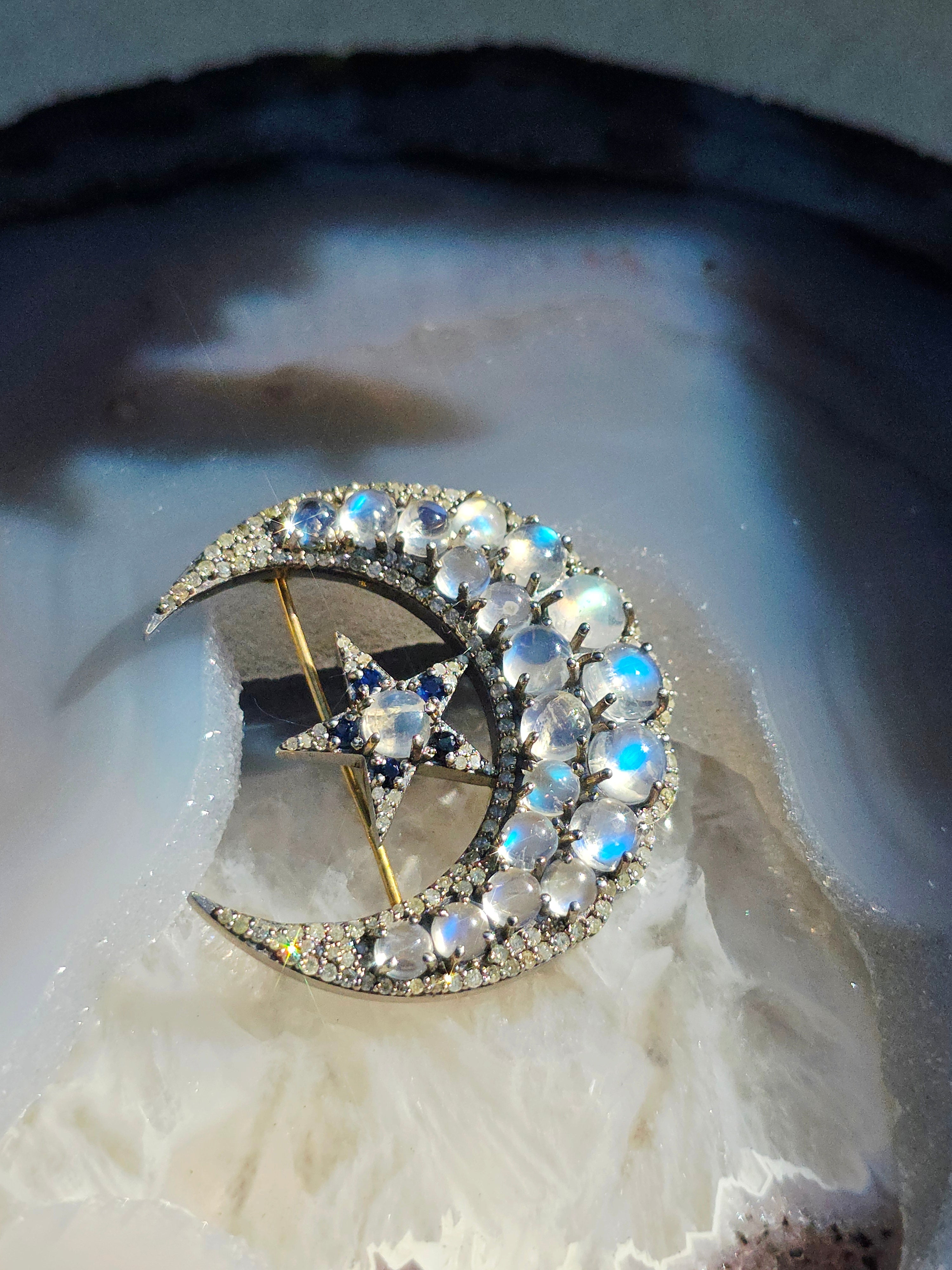 14k Gold and Silver Vintage Rainbow Moonstone, Sapphire & Diamond Statement Crescent Star Brooch | Indulgems
