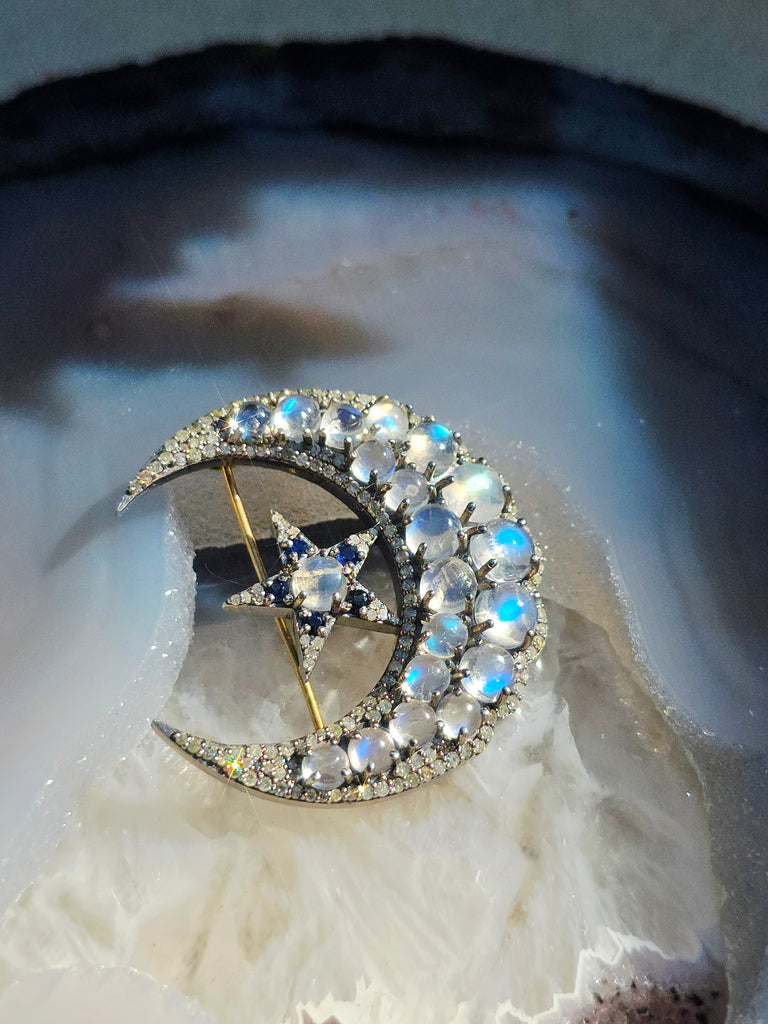 14k Gold and Silver Vintage Rainbow Moonstone, Sapphire & Diamond Statement Crescent Star Brooch | Indulgems