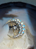 14k Gold and Silver Vintage Rainbow Moonstone, Sapphire & Diamond Statement Crescent Star Brooch | Indulgems