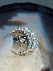 14k Gold and Silver Vintage Rainbow Moonstone, Sapphire & Diamond Statement Crescent Star Brooch | Indulgems