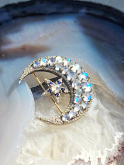 14k Gold and Silver Vintage Rainbow Moonstone, Sapphire & Diamond Statement Crescent Star Brooch | Indulgems
