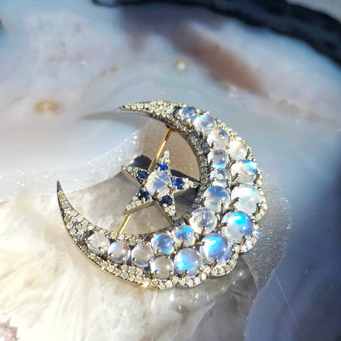 14k Gold and Silver Vintage Rainbow Moonstone, Sapphire & Diamond Statement Crescent Star Brooch | Indulgems