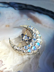 14k Gold and Silver Vintage Rainbow Moonstone, Sapphire & Diamond Statement Crescent Star Brooch | Indulgems