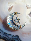 14k Gold and Silver Vintage Rainbow Moonstone, Sapphire & Diamond Statement Crescent Star Brooch | Indulgems