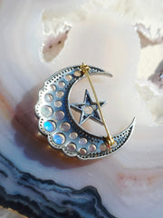 14k Gold and Silver Vintage Rainbow Moonstone, Sapphire & Diamond Statement Crescent Star Brooch | Indulgems