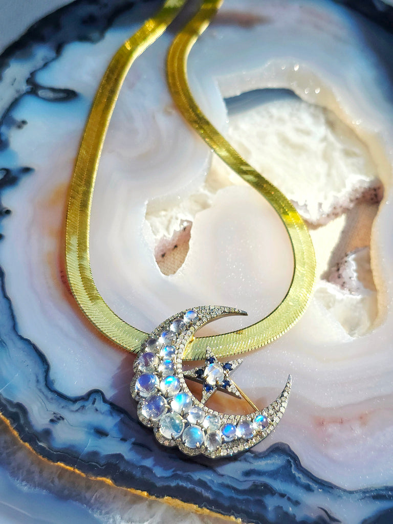 14k Gold and Silver Vintage Rainbow Moonstone, Sapphire & Diamond Statement Crescent Star Brooch | Indulgems