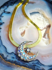 14k Gold and Silver Vintage Rainbow Moonstone, Sapphire & Diamond Statement Crescent Star Brooch | Indulgems