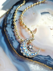 14k Gold and Silver Vintage Rainbow Moonstone, Sapphire & Diamond Statement Crescent Star Brooch | Indulgems