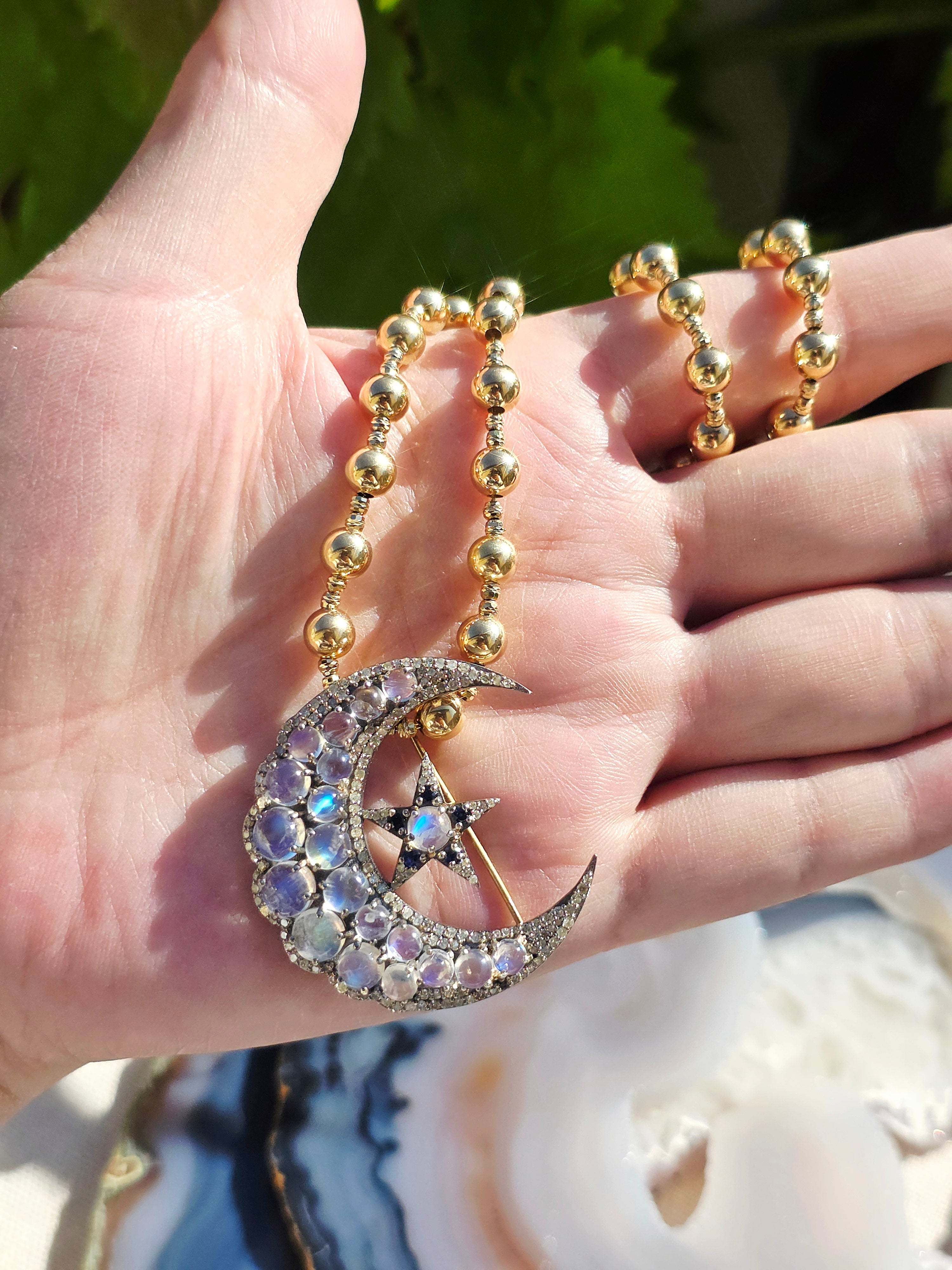 14k Gold and Silver Vintage Rainbow Moonstone, Sapphire & Diamond Statement Crescent Star Brooch | Indulgems