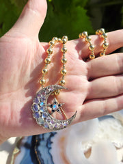 14k Gold and Silver Vintage Rainbow Moonstone, Sapphire & Diamond Statement Crescent Star Brooch | Indulgems