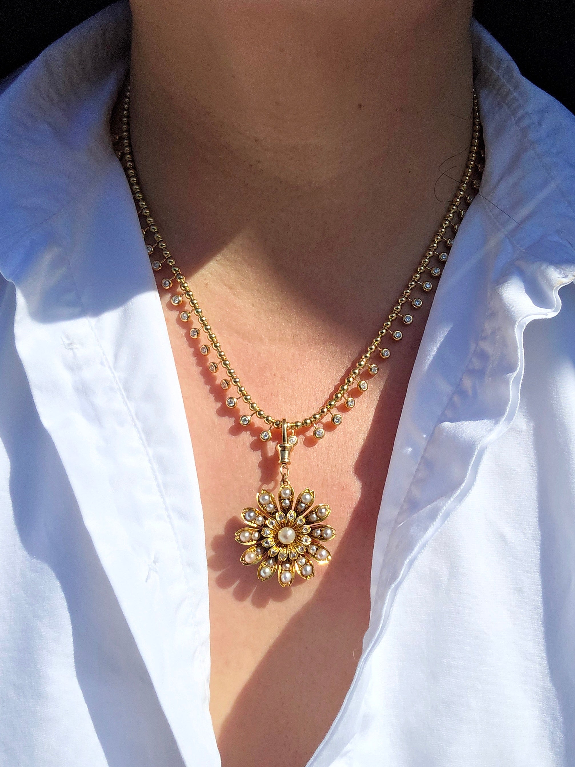 15k Yellow Gold Antique Diamond & Pearl Flower Brooch | Indulgems