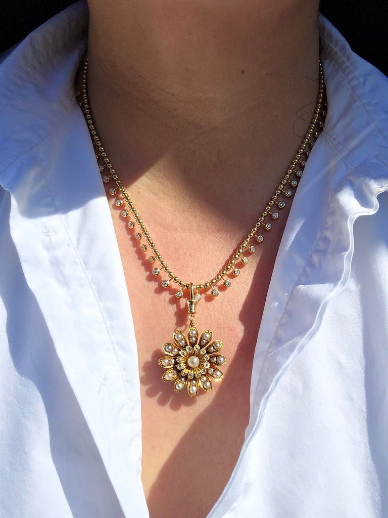 15k Yellow Gold Antique Diamond & Pearl Flower Brooch | Indulgems