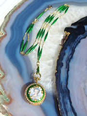 18k Solid Gold Antique Portrait Watch & Green Enamel Chain Necklace | Indulgems