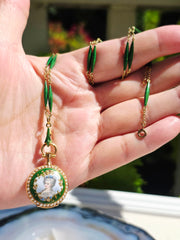 18k Solid Gold Antique Portrait Watch & Green Enamel Chain Necklace | Indulgems