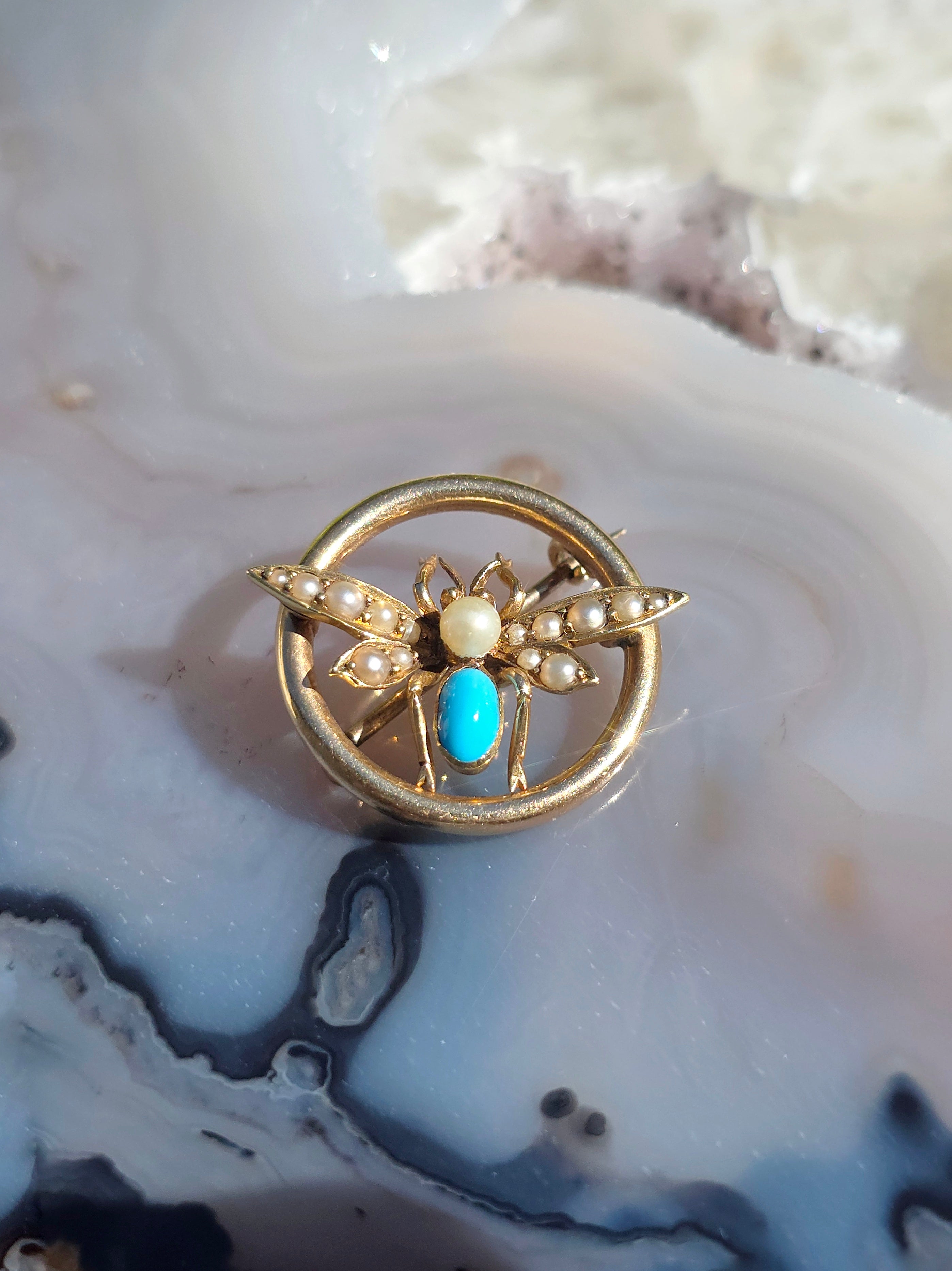 15k Yellow Gold Antique Turquoise & Pearl Brooch Pin | Indulgems