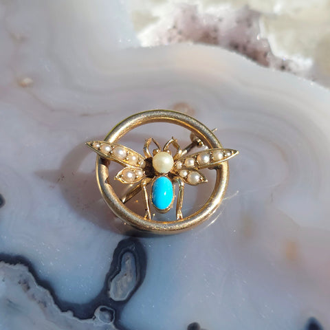15k Yellow Gold Antique Turquoise & Pearl Brooch Pin | Indulgems