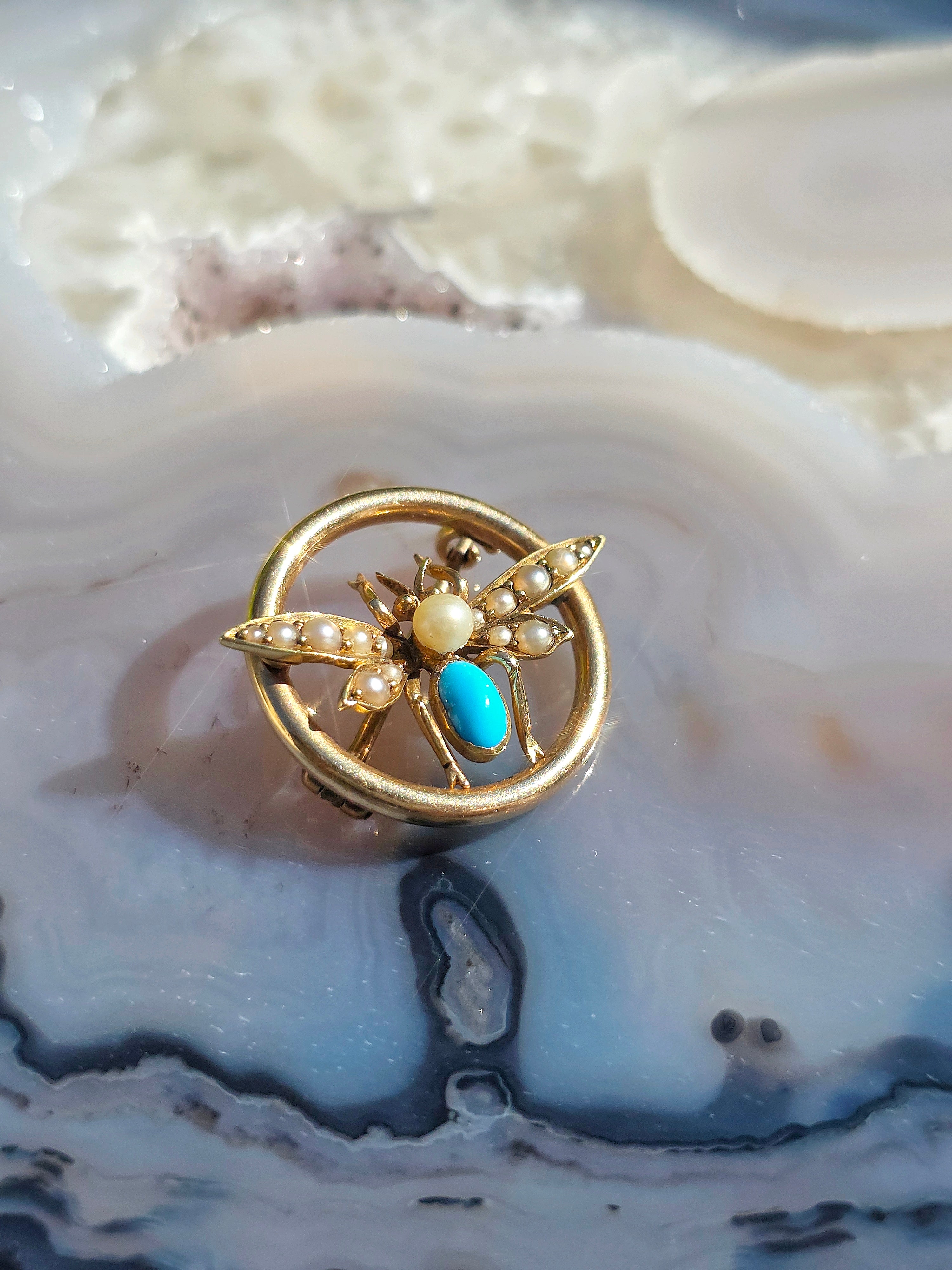 15k Yellow Gold Antique Turquoise & Pearl Brooch Pin | Indulgems