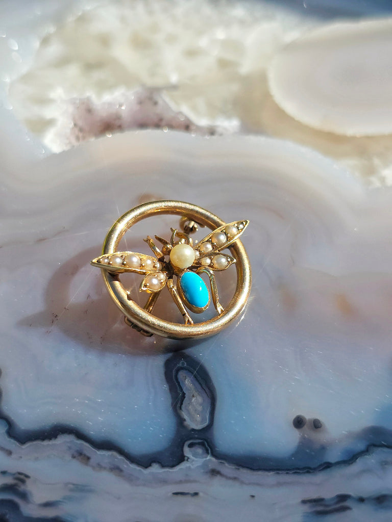15k Yellow Gold Antique Turquoise & Pearl Brooch Pin | Indulgems