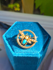 15k Yellow Gold Antique Turquoise & Pearl Brooch Pin | Indulgems