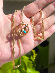 15k Yellow Gold Antique Turquoise & Pearl Brooch Pin | Indulgems