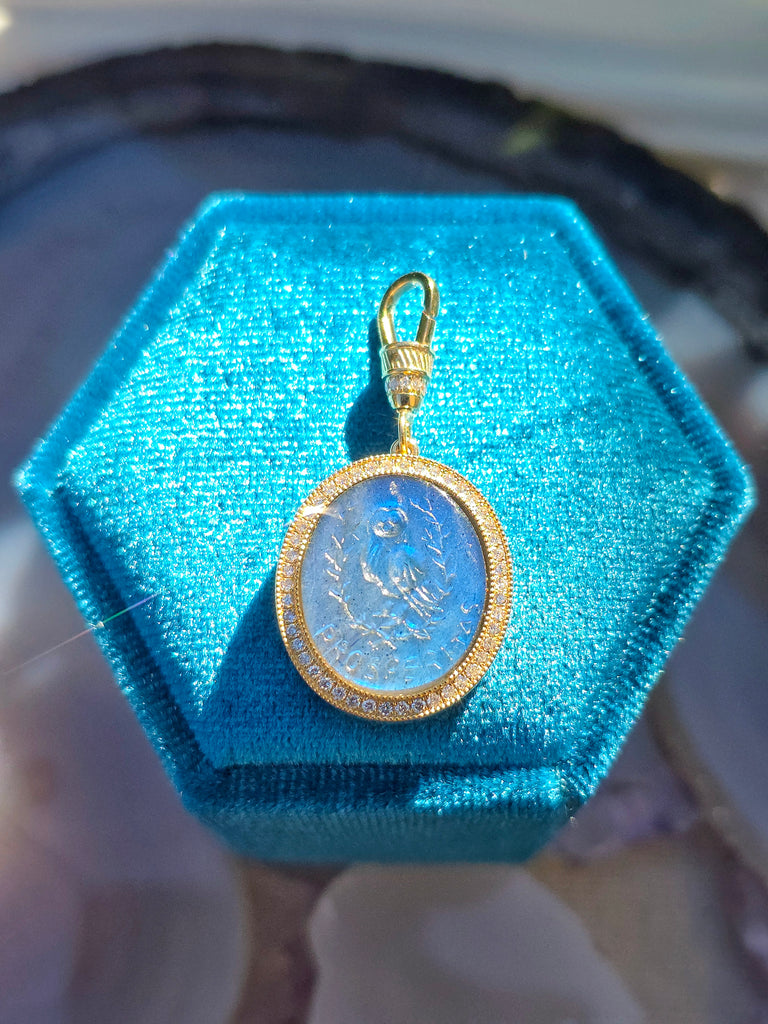 18k Solid Gold Handcarved Owl Intaglio in Labradorite Diamond Pave Pendant |PROSPERITAS |Indulgems |Designs in Real Gold | Talisman Collection