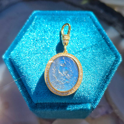 18k Solid Gold Handcarved Owl Intaglio in Labradorite Diamond Pave Pendant |PROSPERITAS |Indulgems |Designs in Real Gold | Talisman Collection