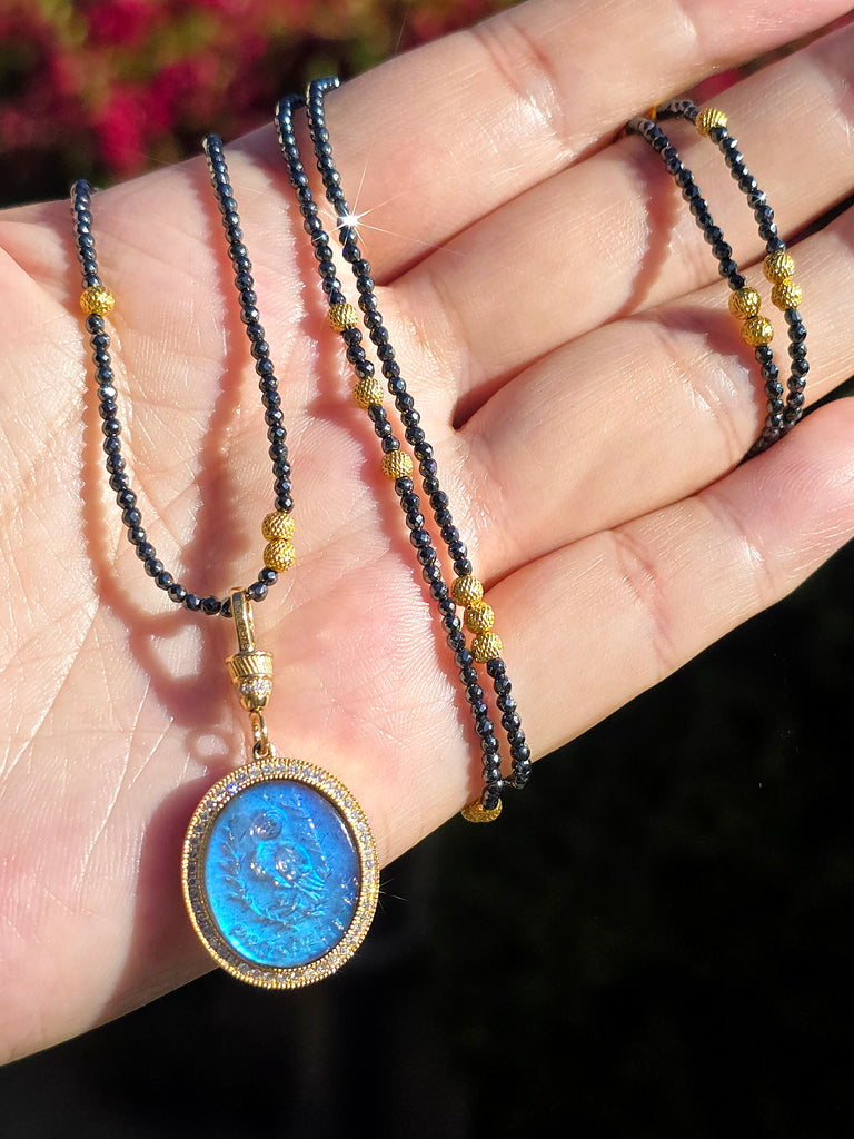 18k Solid Gold Handcarved Owl Intaglio in Labradorite Diamond Pave Pendant |PROSPERITAS |Indulgems |Designs in Real Gold | Talisman Collection