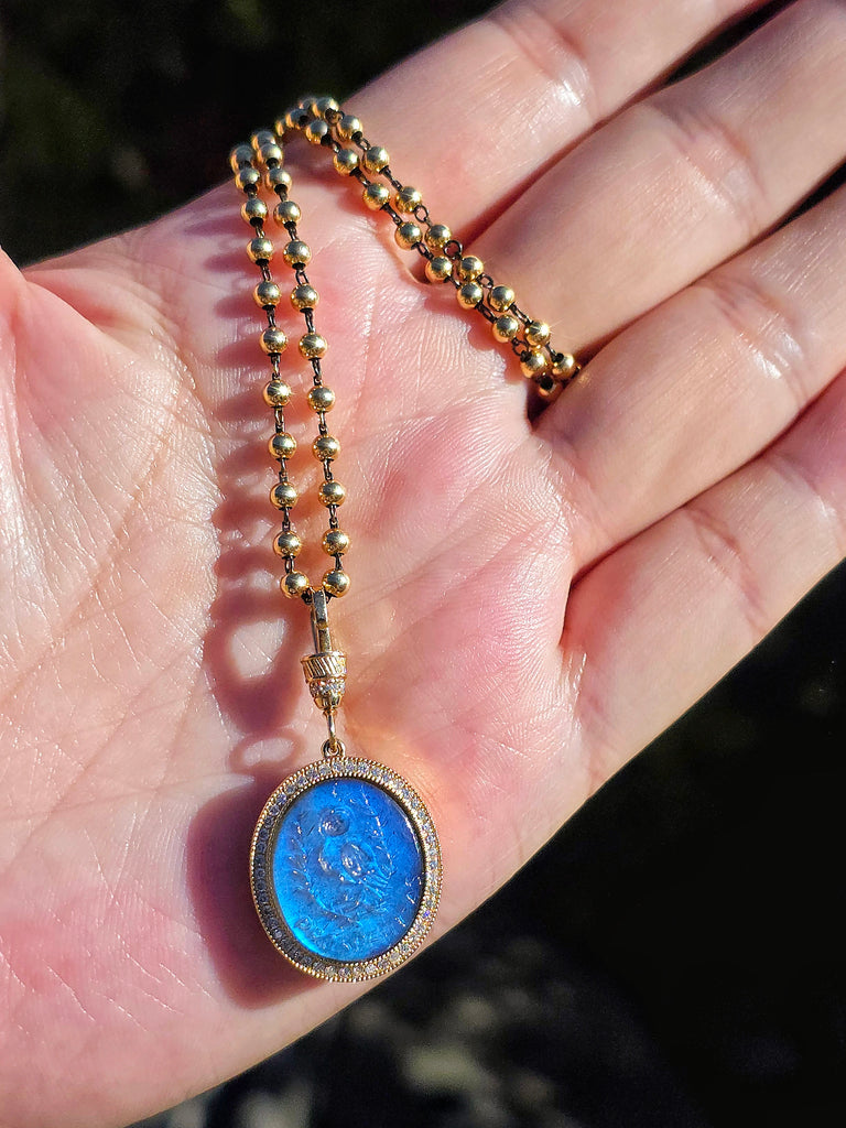 18k Solid Gold Handcarved Owl Intaglio in Labradorite Diamond Pave Pendant |PROSPERITAS |Indulgems |Designs in Real Gold | Talisman Collection