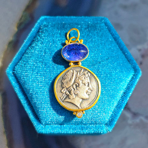 Ancient Coin Replica Nymph Deity Tanzanite Gemstone Cabochon Pendant in Sterling Silver 24K Yellow Gold Pendant