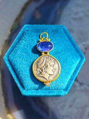 Ancient Coin Replica Nymph Deity Tanzanite Gemstone Cabochon Pendant in Sterling Silver 24K Yellow Gold Pendant