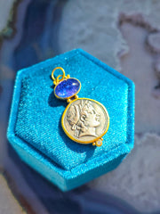 Ancient Coin Replica Nymph Deity Tanzanite Gemstone Cabochon Pendant in Sterling Silver 24K Yellow Gold Pendant