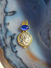 Ancient Coin Replica Nymph Deity Tanzanite Gemstone Cabochon Pendant in Sterling Silver 24K Yellow Gold Pendant