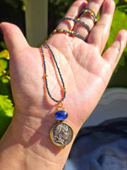 Ancient Coin Replica Nymph Deity Tanzanite Gemstone Cabochon Pendant in Sterling Silver 24K Yellow Gold Pendant