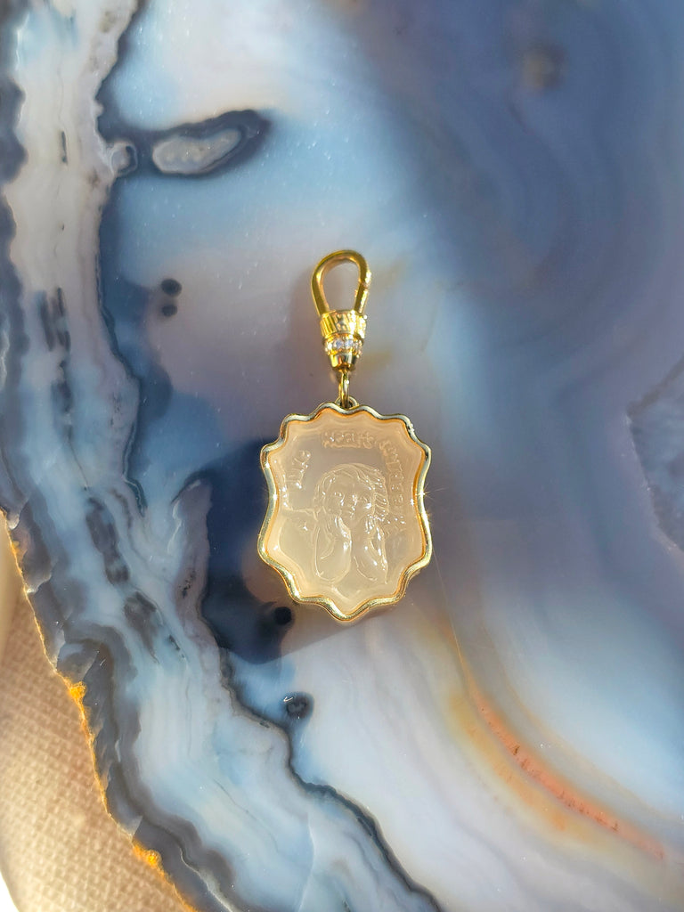 18k Solid Gold Handcarved White Agate Cherub Intaglio "PURE HEART COURAGE" Motivational Talisman Positivity Pendant | Indulgems | Designs in Real Gold | Talisman Collection
