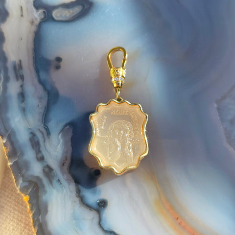 18k Solid Gold Handcarved White Agate Cherub Intaglio "PURE HEART COURAGE" Motivational Talisman Positivity Pendant | Indulgems | Designs in Real Gold | Talisman Collection