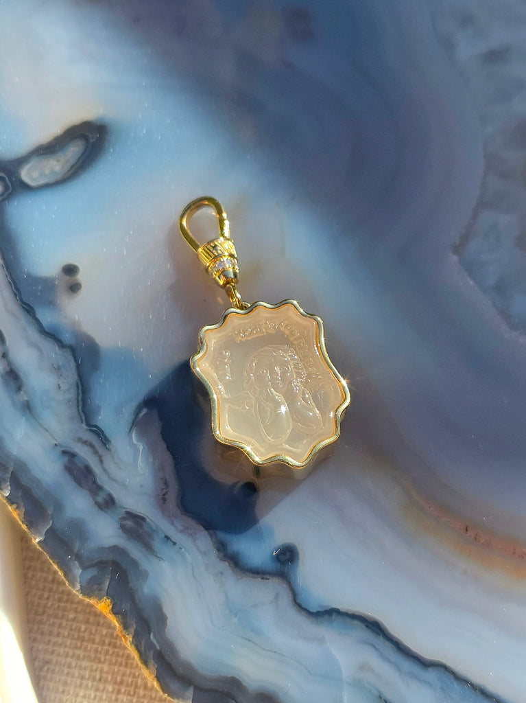 18k Solid Gold Handcarved White Agate Cherub Intaglio "PURE HEART COURAGE" Motivational Talisman Positivity Pendant | Indulgems | Designs in Real Gold | Talisman Collection
