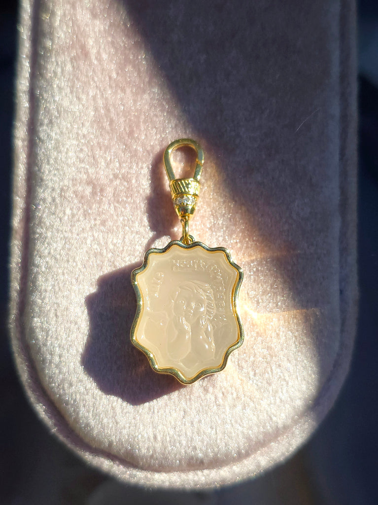 18k Solid Gold Handcarved White Agate Cherub Intaglio "PURE HEART COURAGE" Motivational Talisman Positivity Pendant | Indulgems | Designs in Real Gold | Talisman Collection