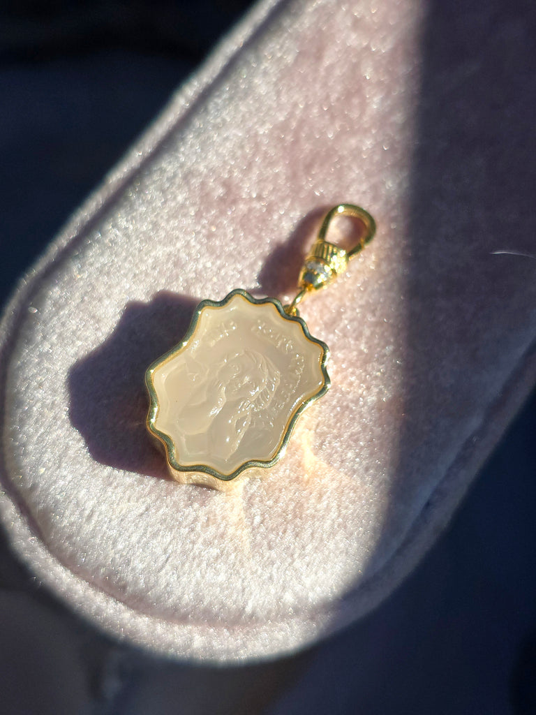 18k Solid Gold Handcarved White Agate Cherub Intaglio "PURE HEART COURAGE" Motivational Talisman Positivity Pendant | Indulgems | Designs in Real Gold | Talisman Collection