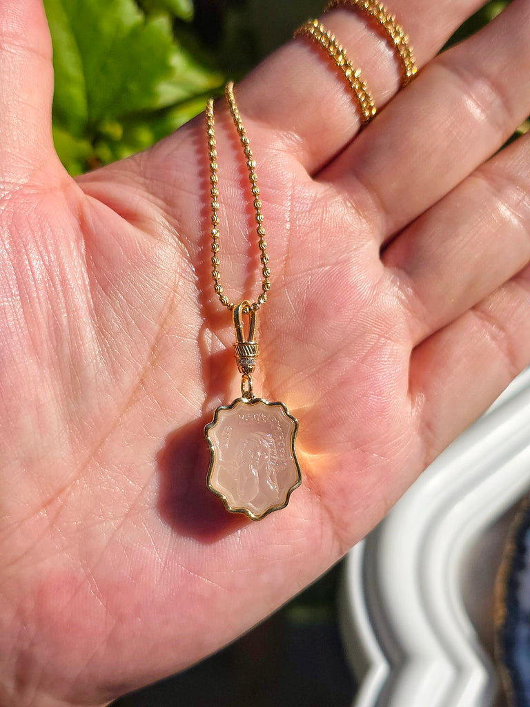 18k Solid Gold Handcarved White Agate Cherub Intaglio "PURE HEART COURAGE" Motivational Talisman Positivity Pendant | Indulgems | Designs in Real Gold | Talisman Collection