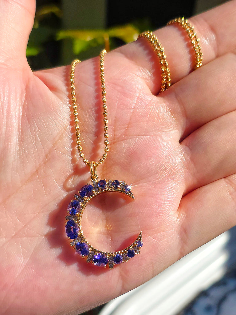 Tanzanite & Diamond 14K Gold Crescent Moon Pendant