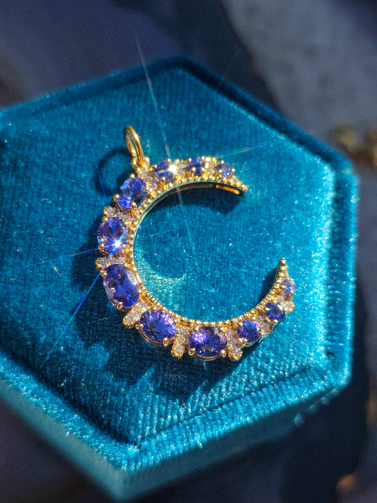 Tanzanite & Diamond 14K Gold Crescent Moon Pendant