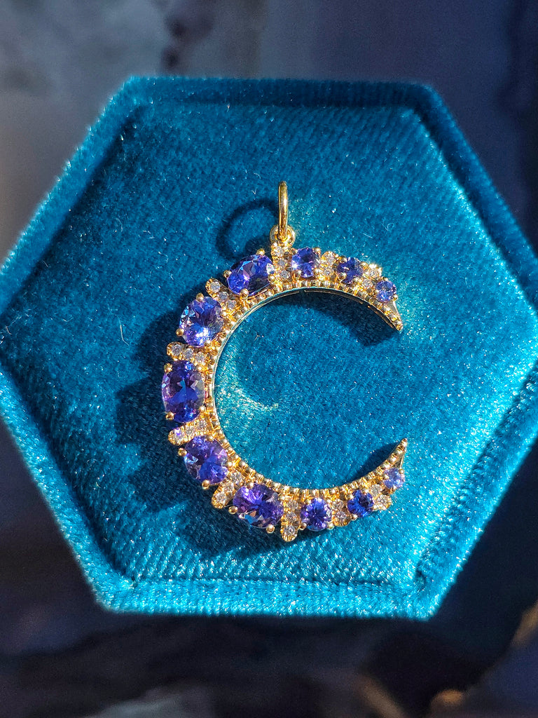 Tanzanite & Diamond 14K Gold Crescent Moon Pendant