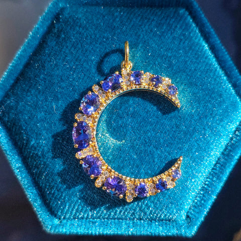 Tanzanite & Diamond 14K Gold Crescent Moon Pendant