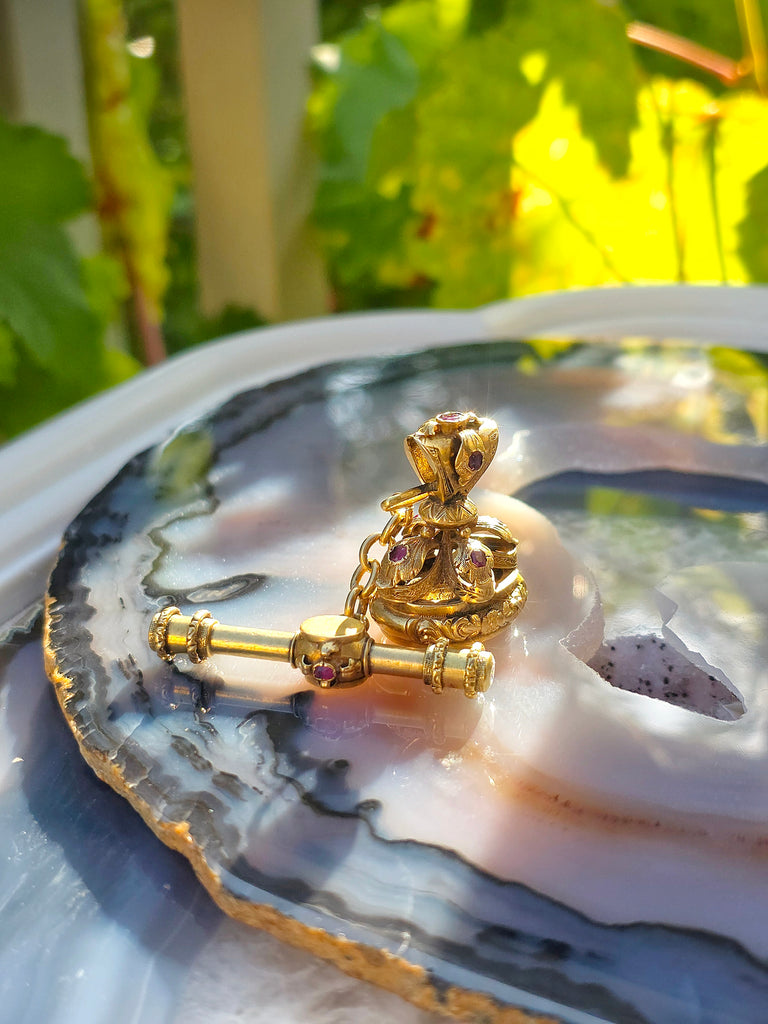 Antique 15k Gold Fob Seal with Ruby Accents & Citrine Intaglio | Indulgems